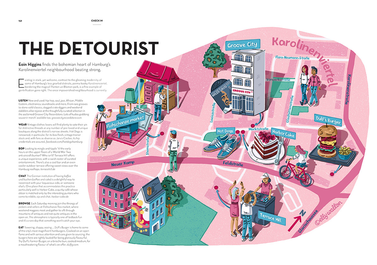 map illustration of hamburg germany showing streets buildings people
