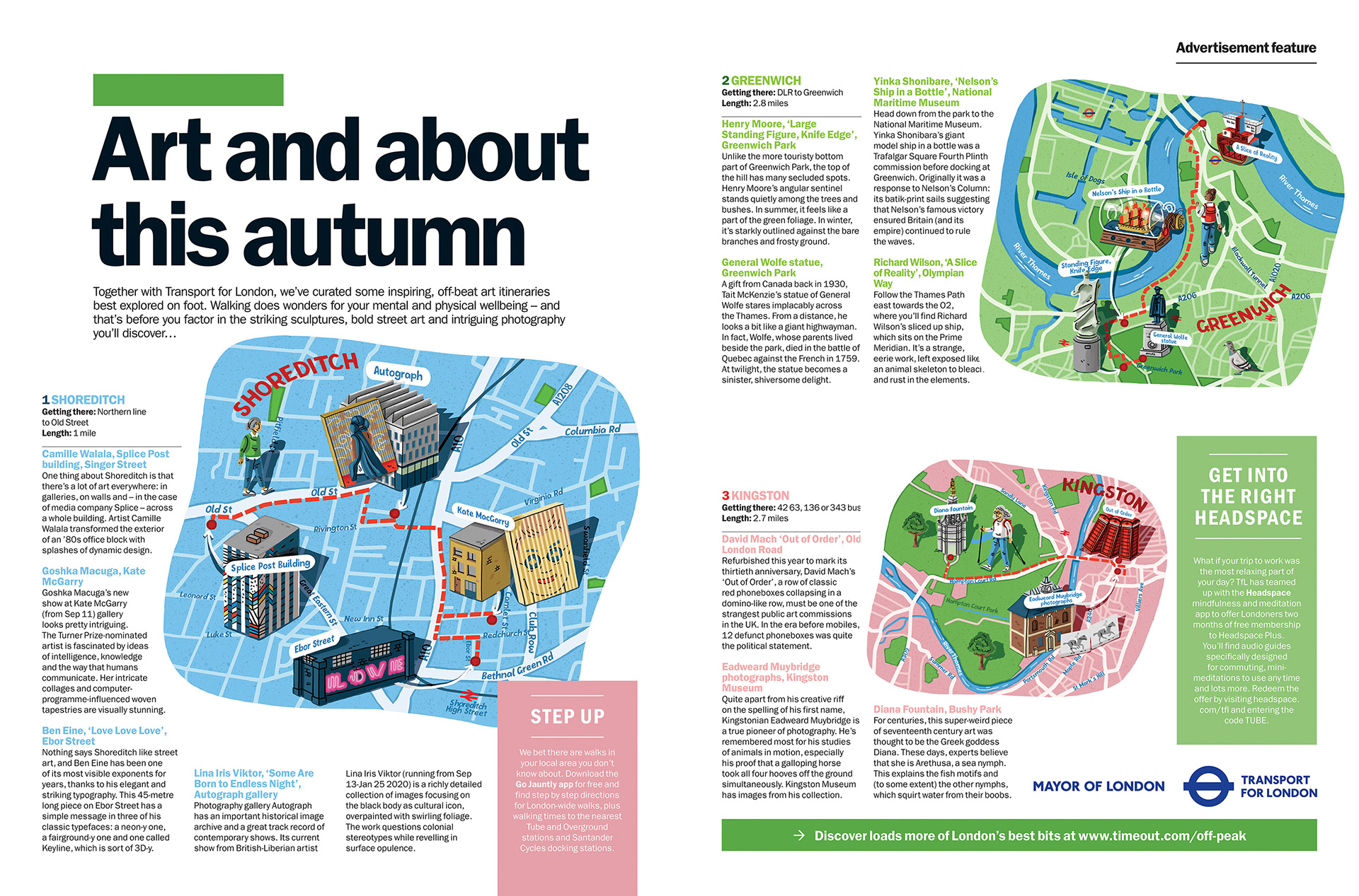 magazine spread layout with three map illustrations of areas of london