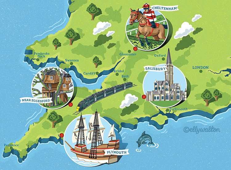 map illustration of south west england showing train and pop out illustrations of different places to visit