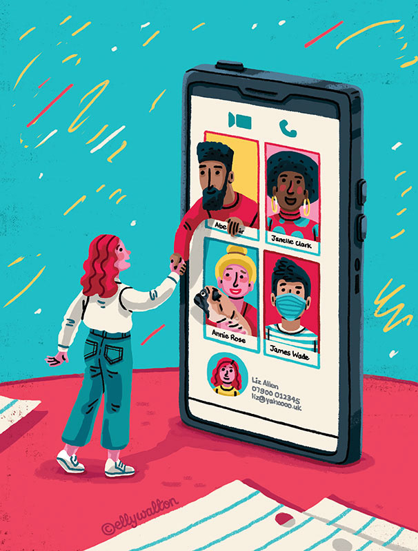illustration of a caucasian woman hands with asian man on a giant phone screen during a video chat call