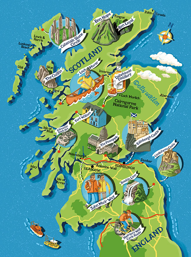 map illustration of scotland uk showing roads hills buildings people tourist attractions