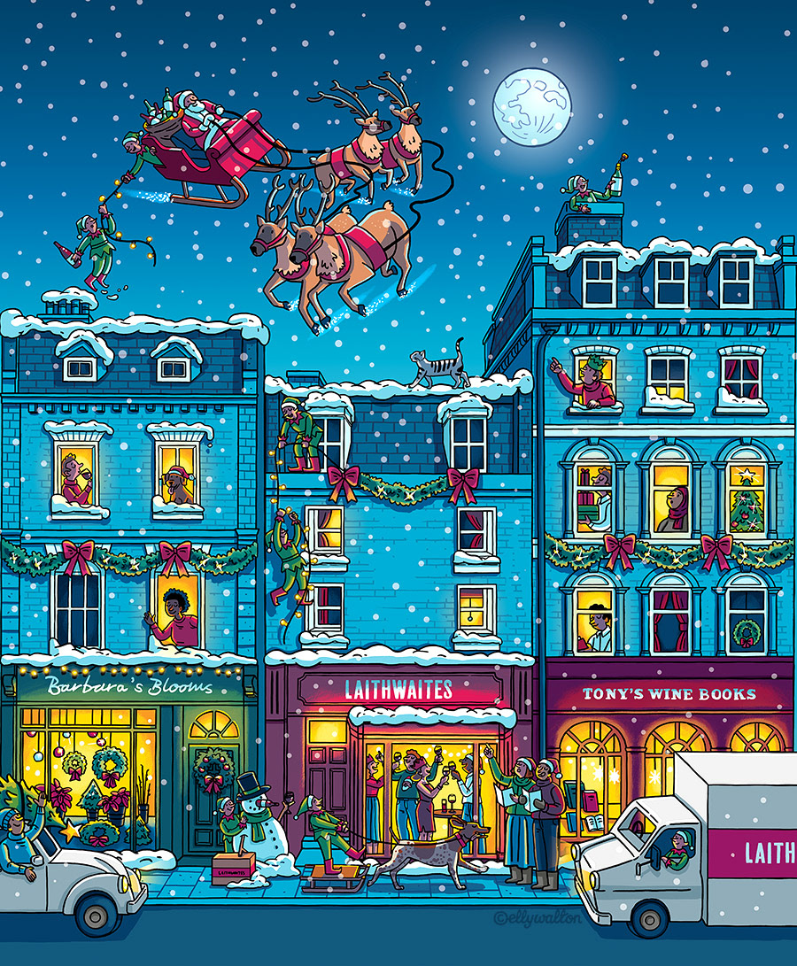 Illustration of a snowy street of shops at night, with Christmas decorations, santa flying above and people in the windows