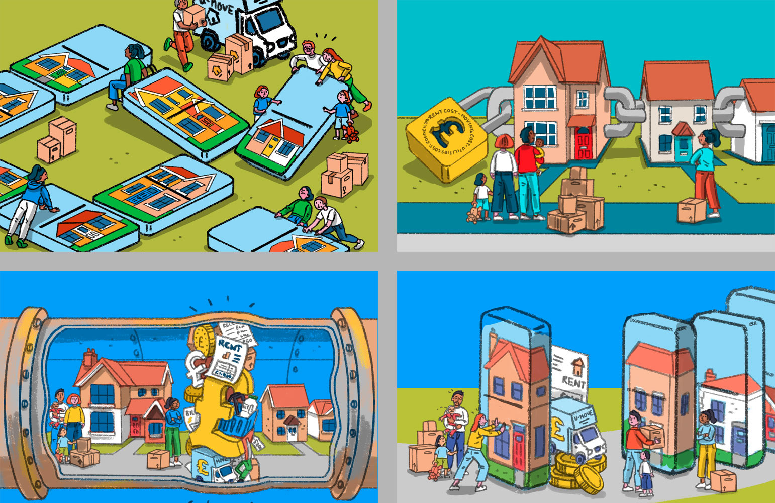 A series of editorial illustration sketches showing people dealing with housing problems