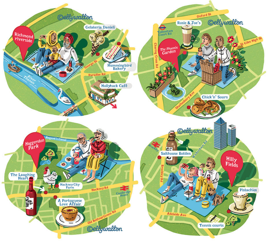 four map illustrations areas of london uk with groups of people eating picnics