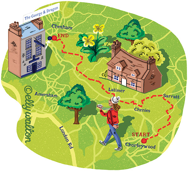 map illustration of countryside with roads cottage trees woman walking