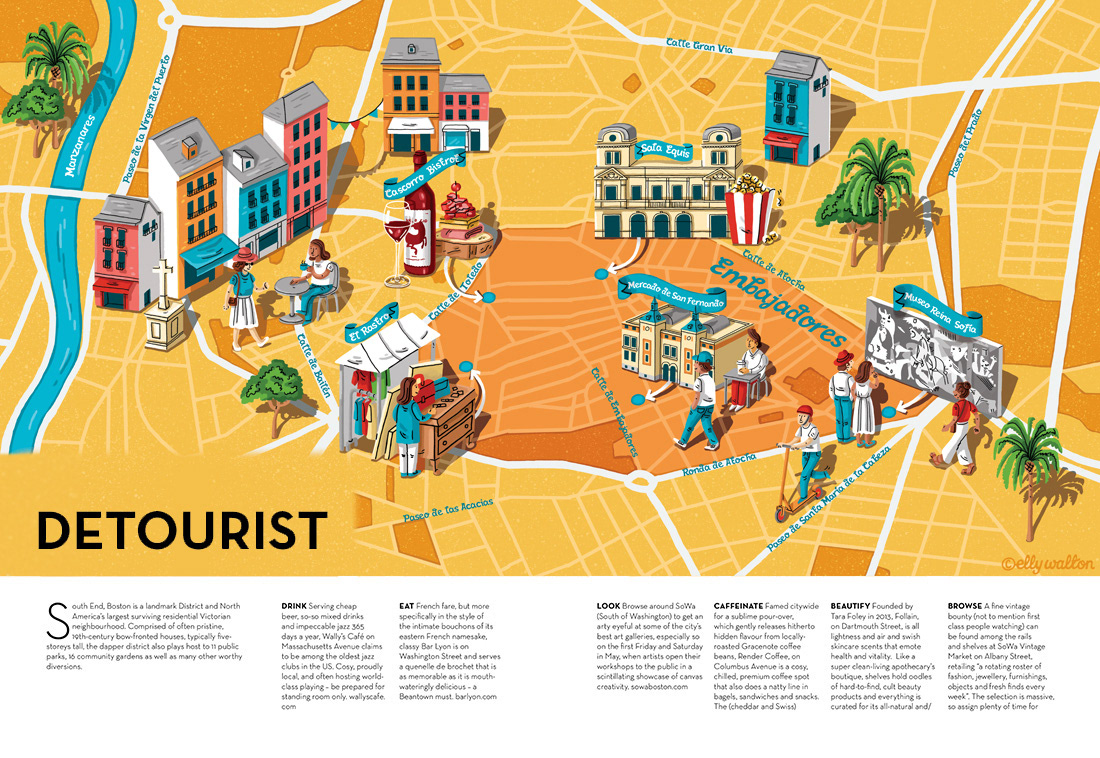 map illustration of embajadores madrid spain showing streets buildings people