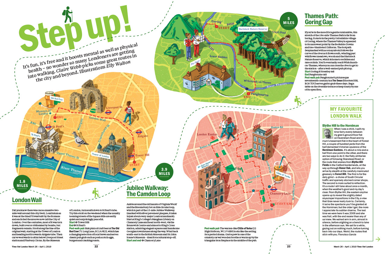 magazine spread showing three map illustrations of london uk walking routes with people and buildings