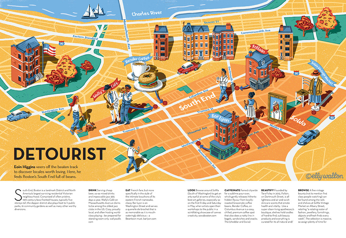 map illustration of an area of boston america with buildings people and named streets