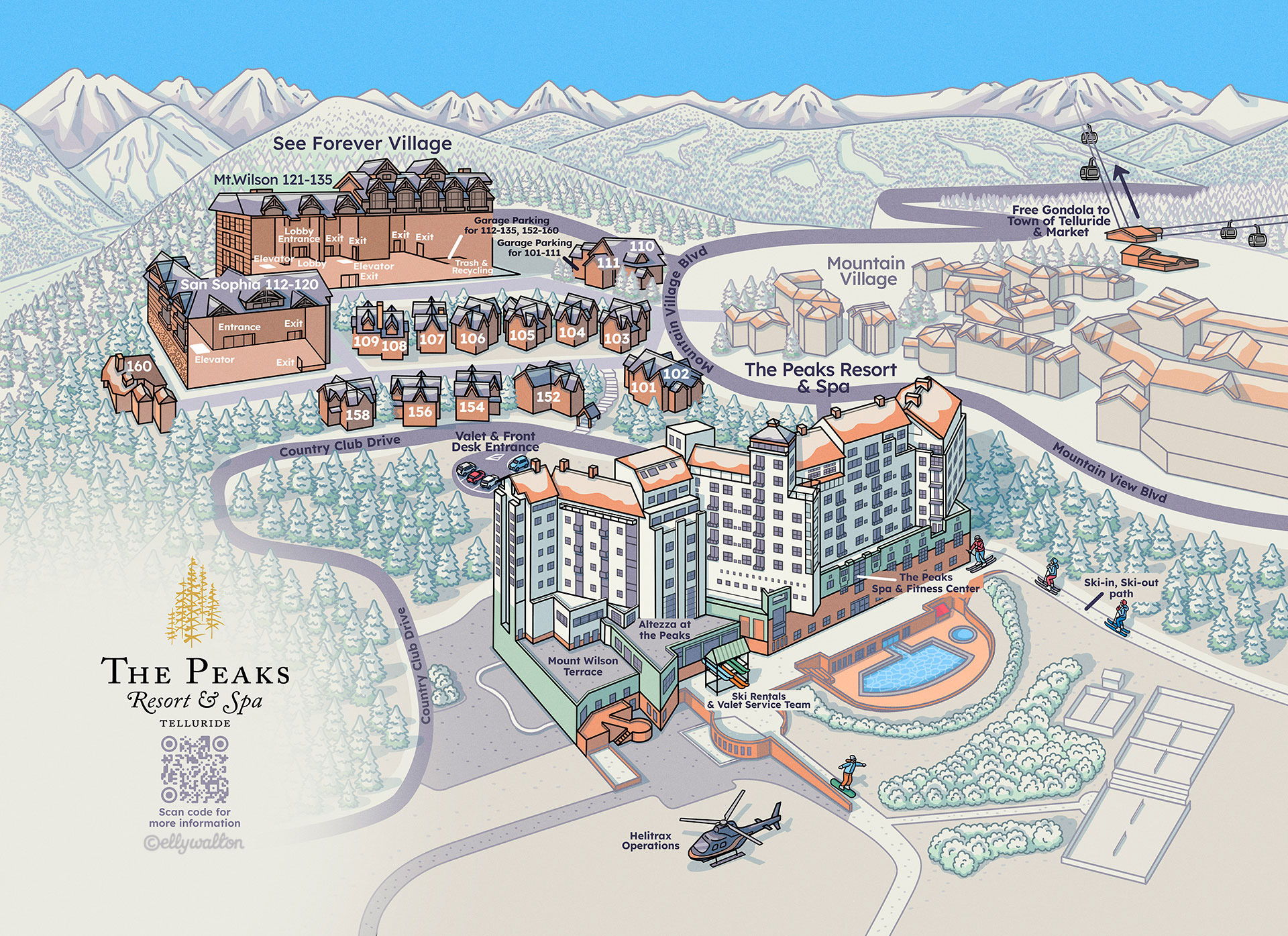 A map illustration showing 3D hotel buildings in a snowy mountainous landscape with forests