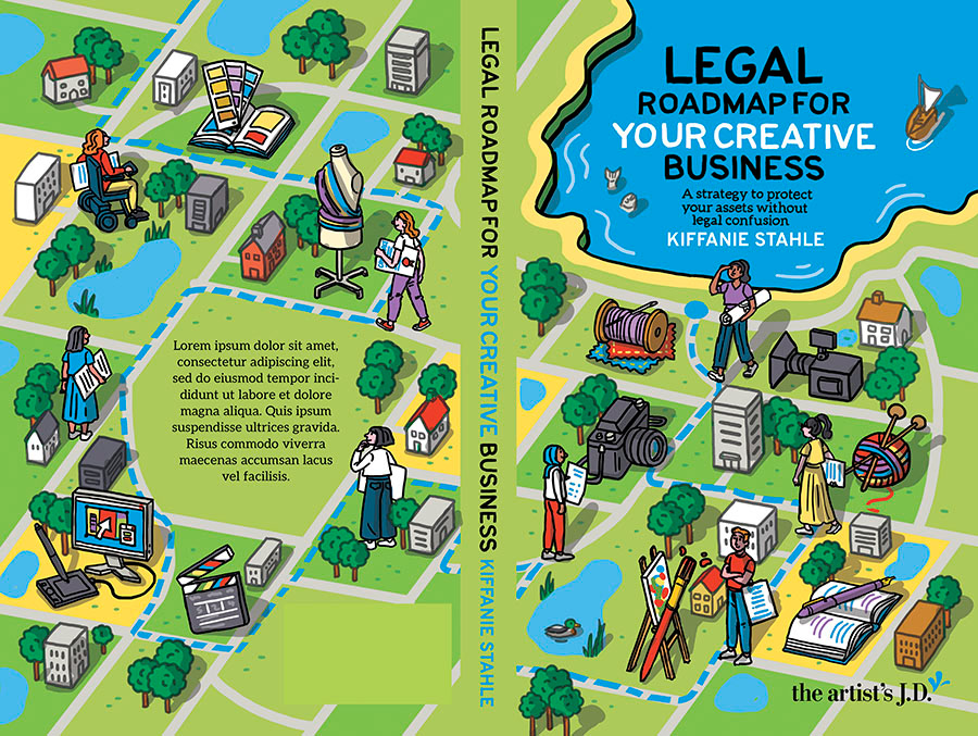 Front and Back cover illustration, showing an isometric area of land with roads, buildings and people shown across it