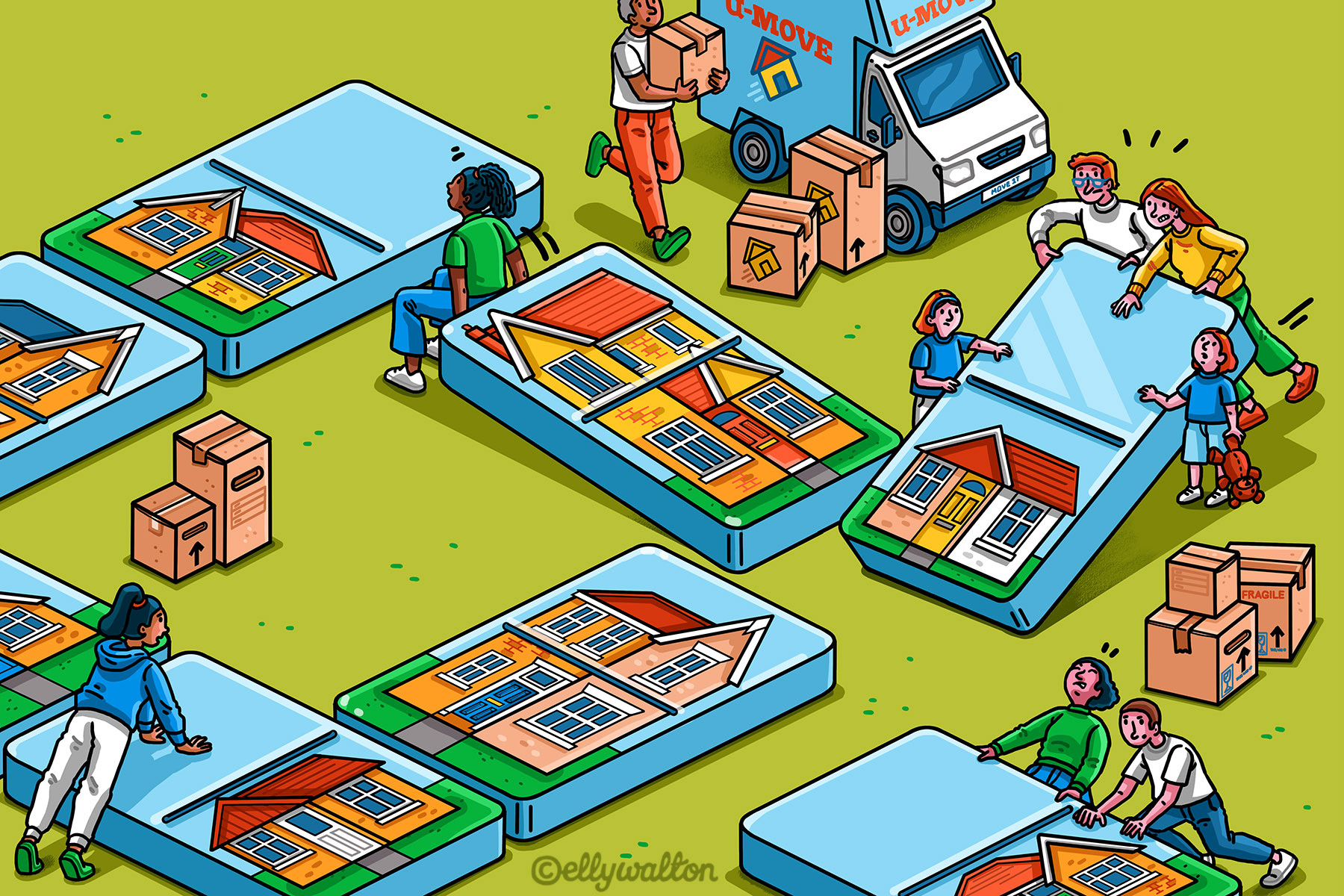 An editorial illustration showing people moving giant dominos around, trying to get them to fit