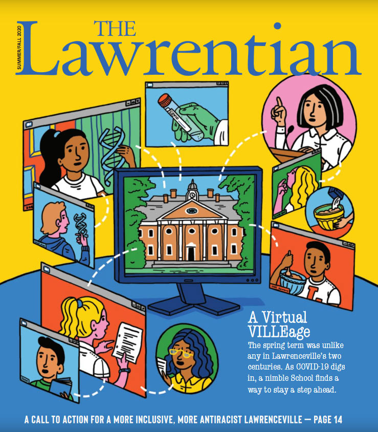 illustration on magazine cover showing a computer screen with screens popping out of it showing school children engaged in science activities