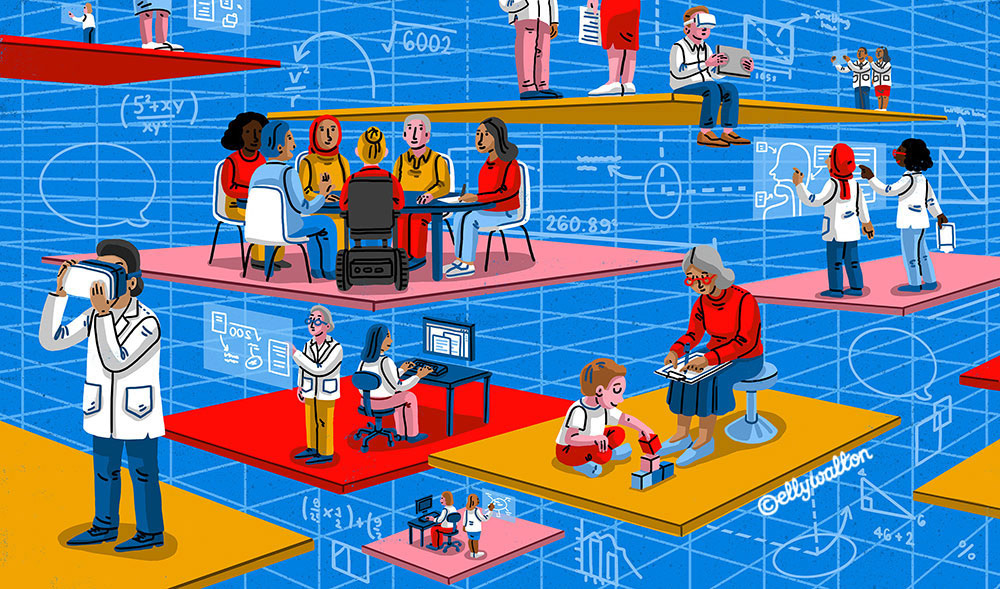illustration of groups of people standing on floating platforms with blueprint background