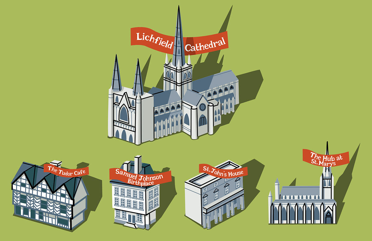 illustrations of buildings lichfield cathedral, The Tudor Cafe, Samuel Johnson birthplace