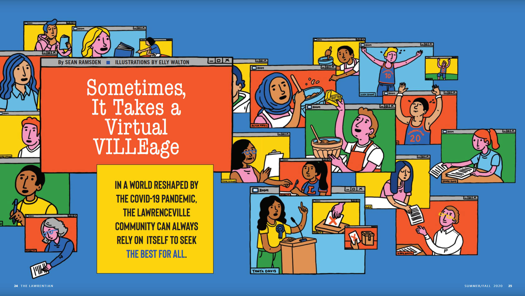 illustration of multiple pop out computer boxes showing school pupils engaged in school activities