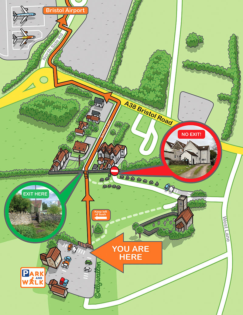 map illustration of bristol airport and surrounding fields with walking route from carpark to airport