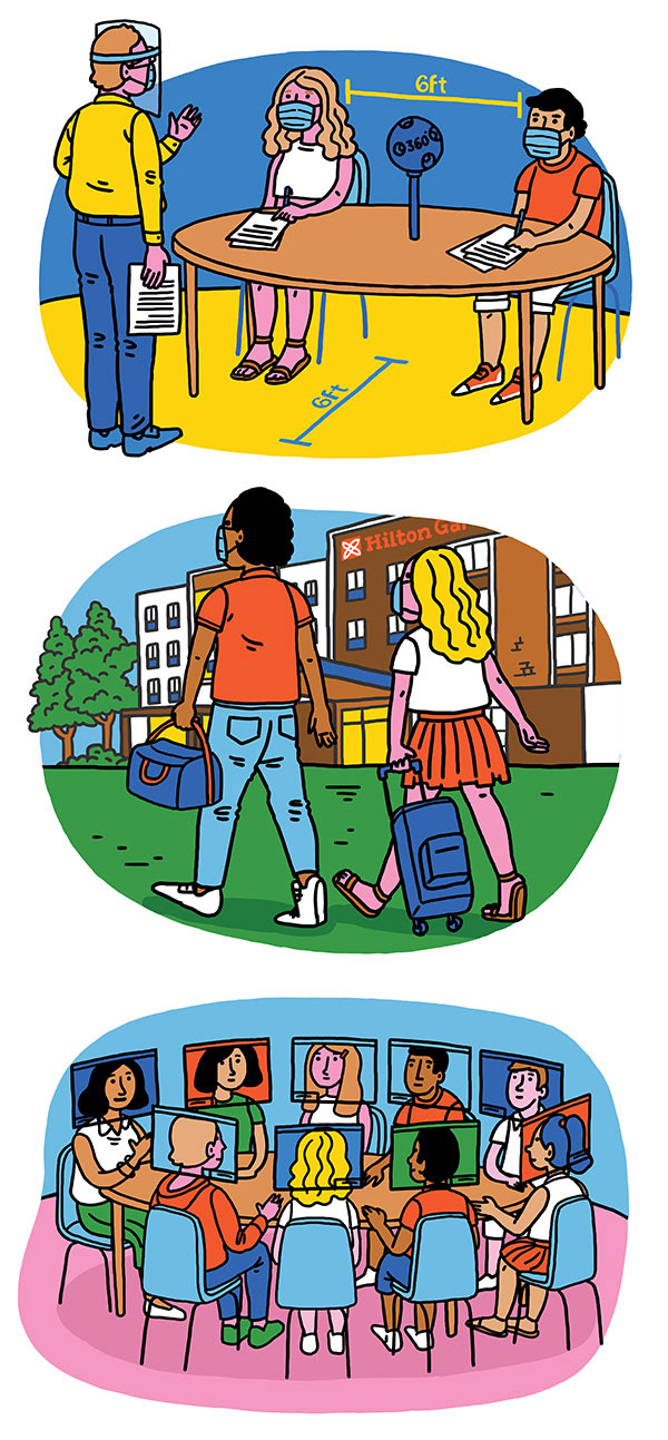illustrations of school pupils observing Covid social distancing