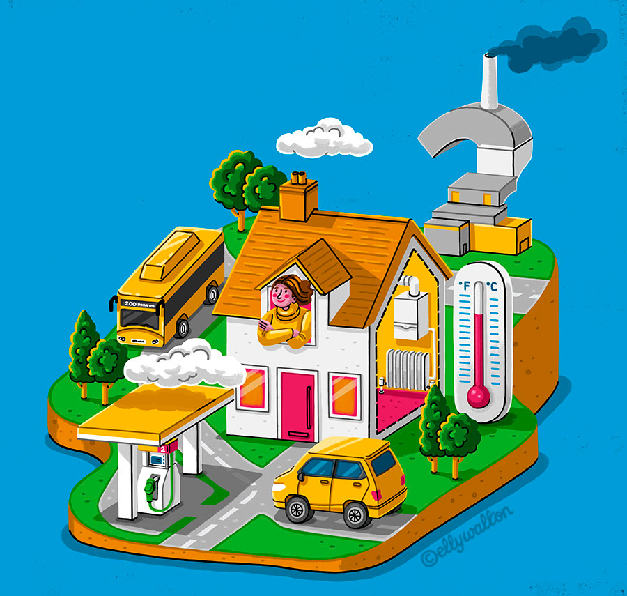 illustration of an island with a house, petrol station, car and thermometer