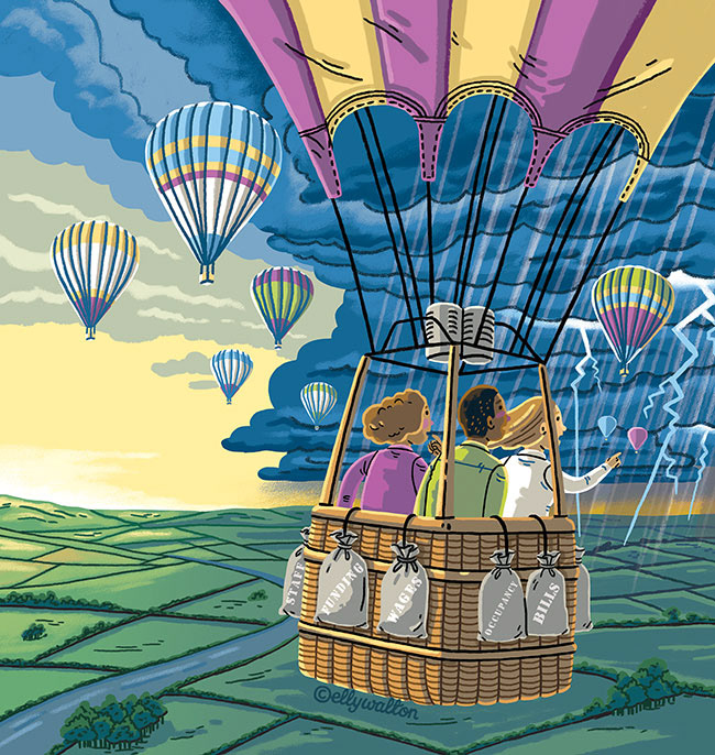 illustration of group of three people in a hot air balloon basket, flying towards storm clouds with lightning