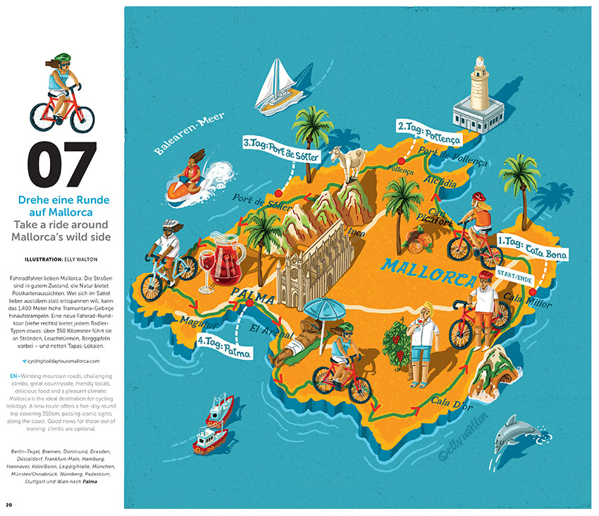map illustration of island of mallorca spain showing roads hills people doing tourist activities