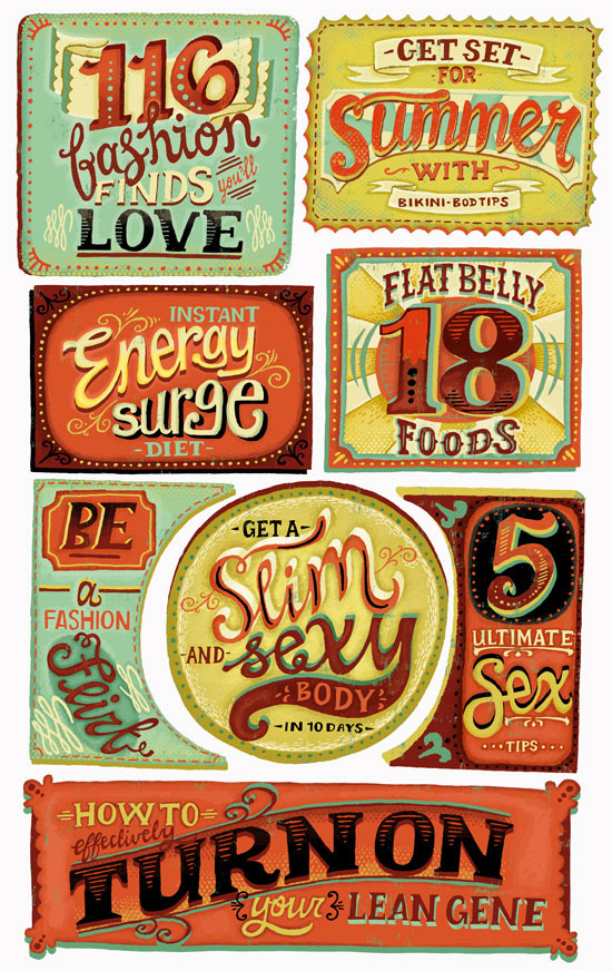 illustration of boxes with hand lettering inside of different women's magazine headlines "Get set for summer"
