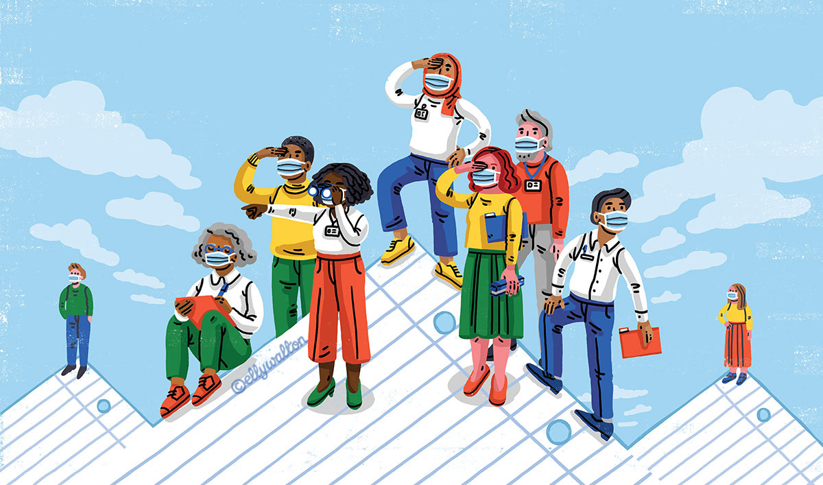 illustration diverse group of people standing on top of lined paper that looks like snowy mountain tops