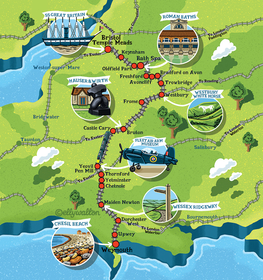map illustration of south west england showing trainlines and locations to visit by train