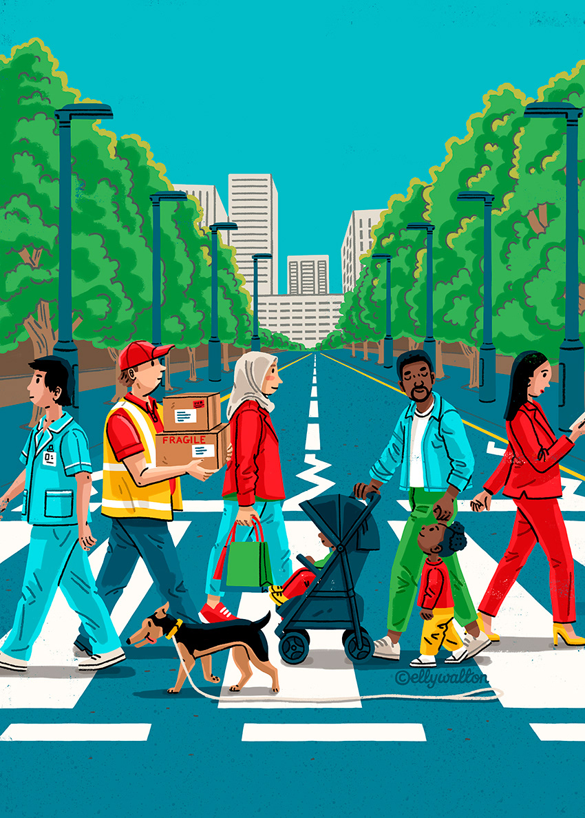 illustration of diverse group of people walking across a pedestrian crossing in a city landscape