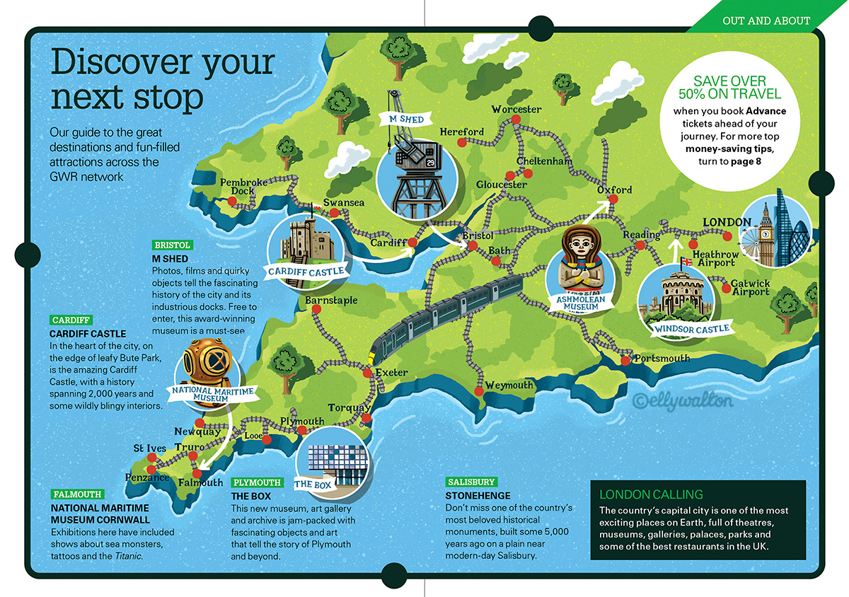 map illustration of south west england cornwall uk showing a train and pop out illustrations of places to visit
