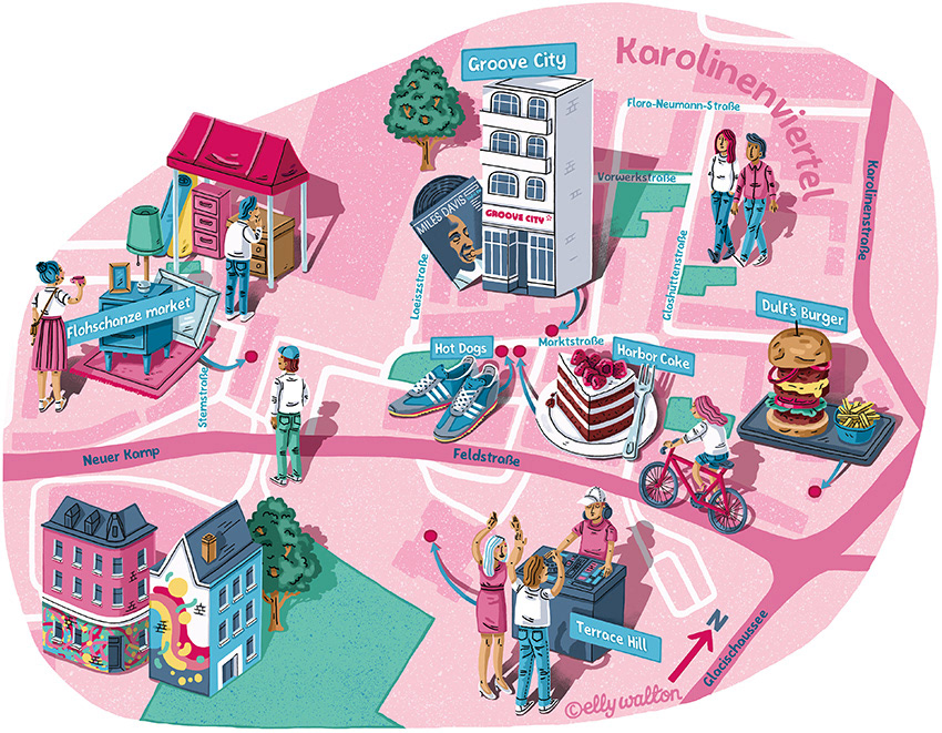 map illustration of an area of hamburg with buildings and people dotted across streets