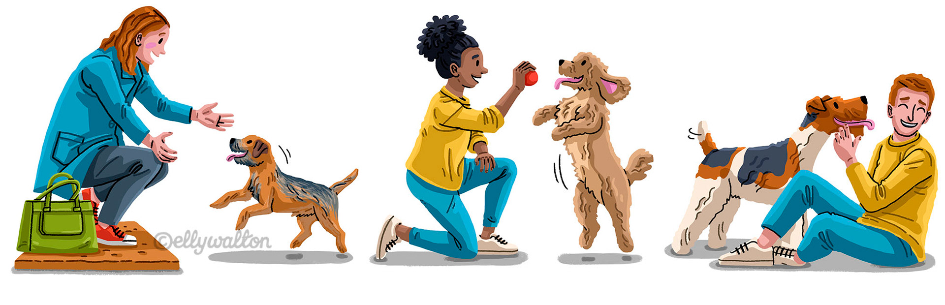 illustrations of a young woman with border terrier, young woman with cockapoo and young man with fox terrier
