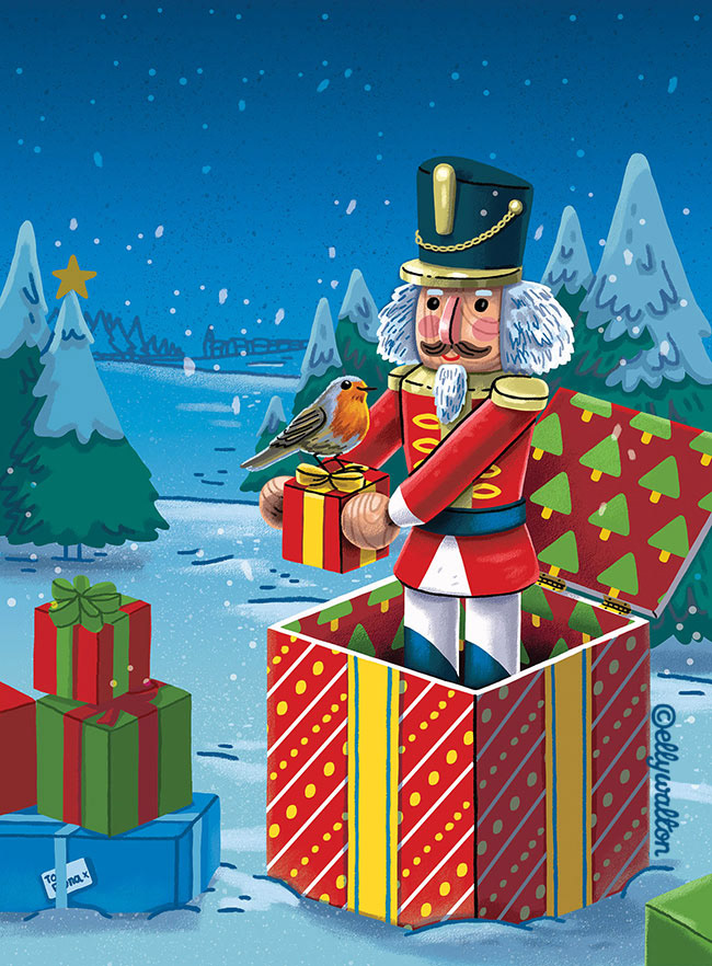 illustration of nutcracker toy popping out of a christmas gift box in a snowy nighttime landscape
