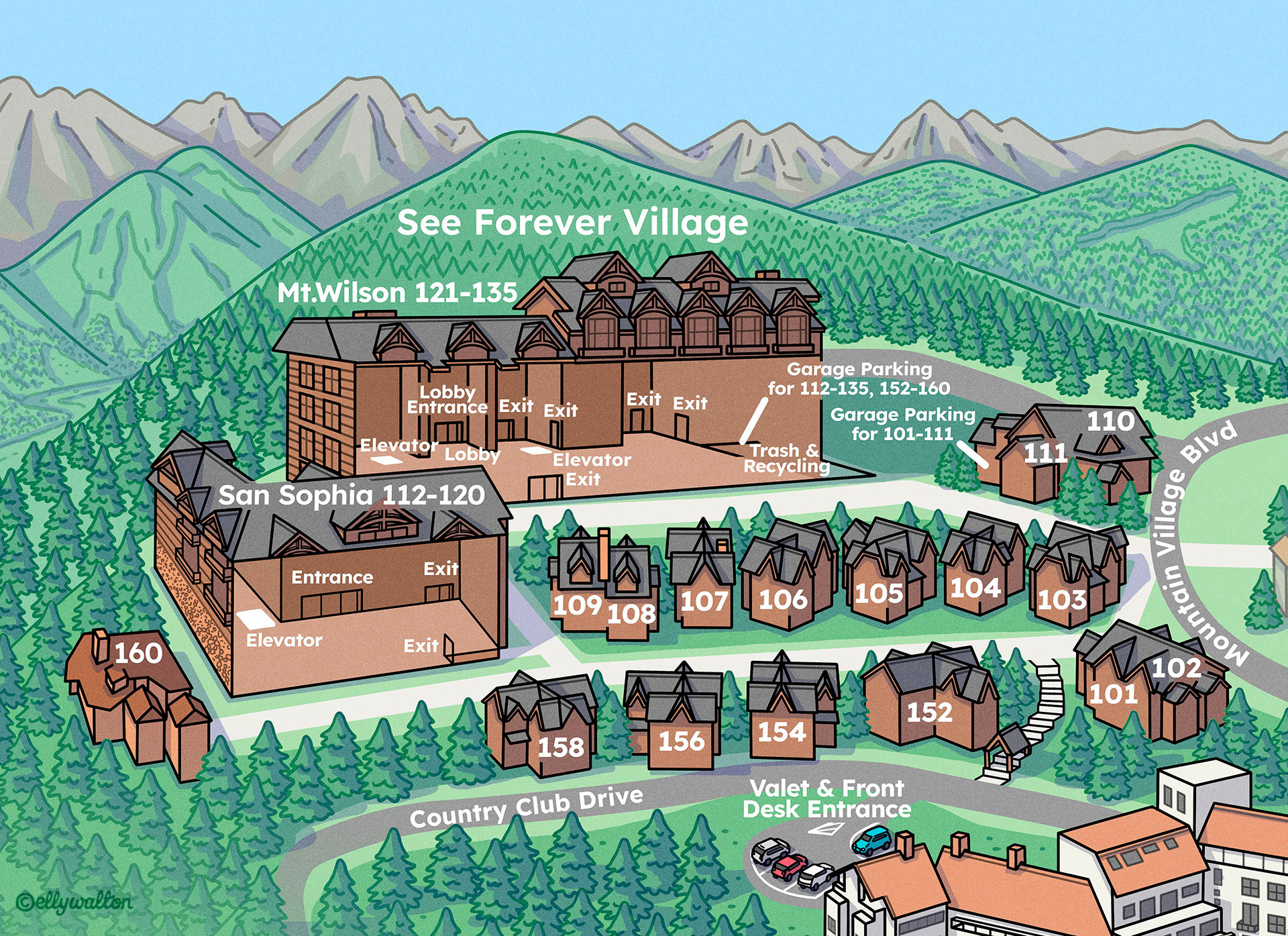 Detail of A map illustration showing 3D hotel buildings in a mountainous landscape with forests