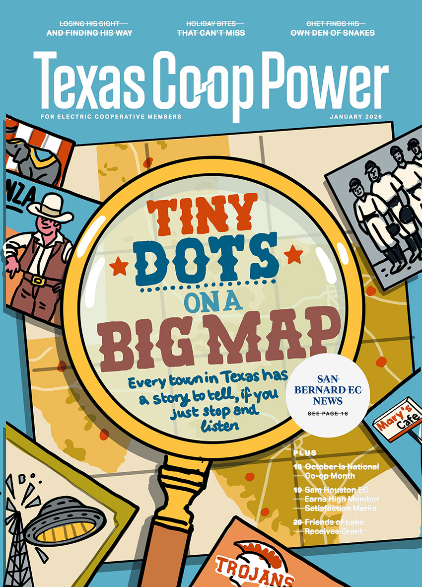 Sketch idea for cover illustration, showing a paper map of Texas with a large magnifying glass placed on top, containing the feature headline in hand lettering