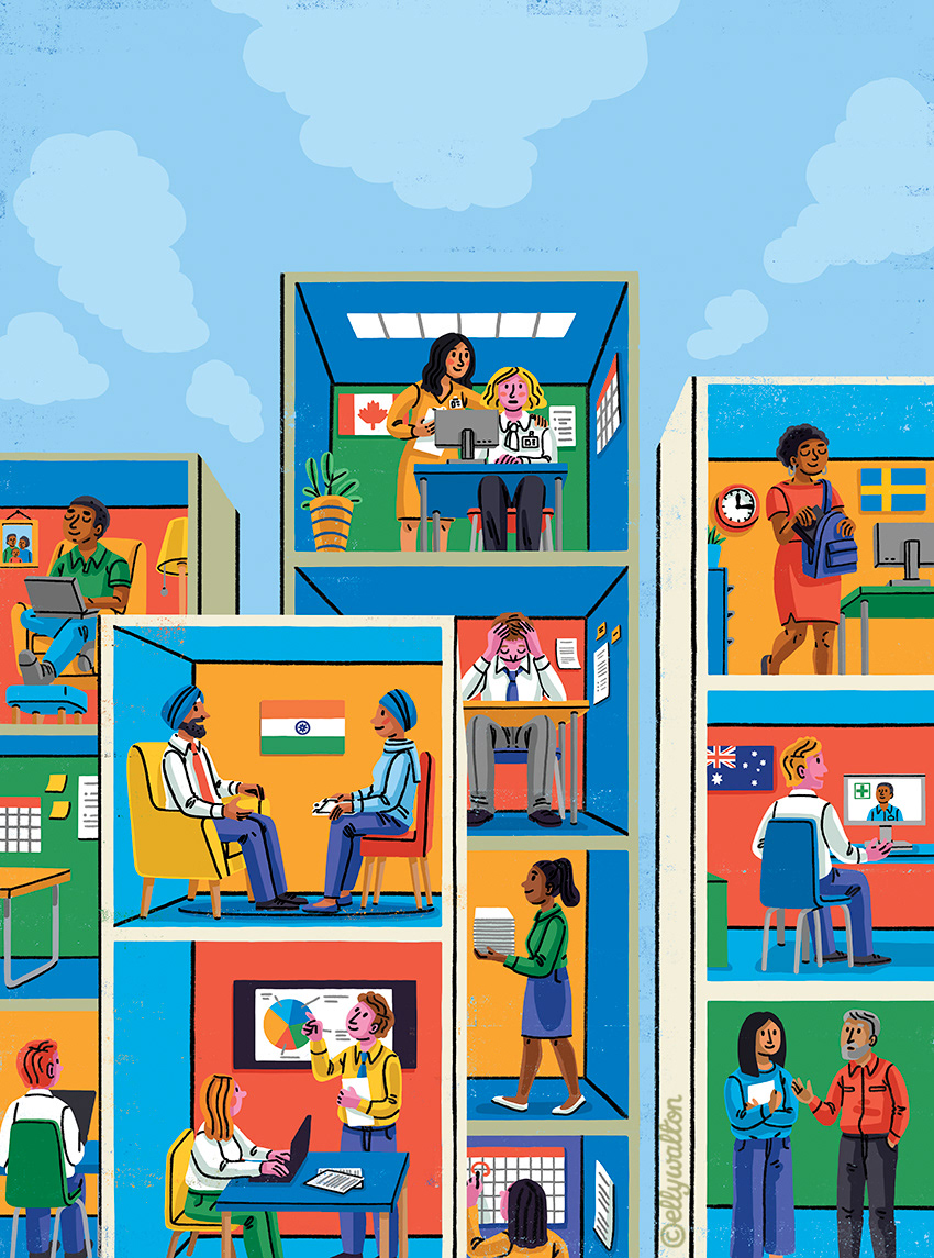 illustration of office buildings cutaway to show office workers inside