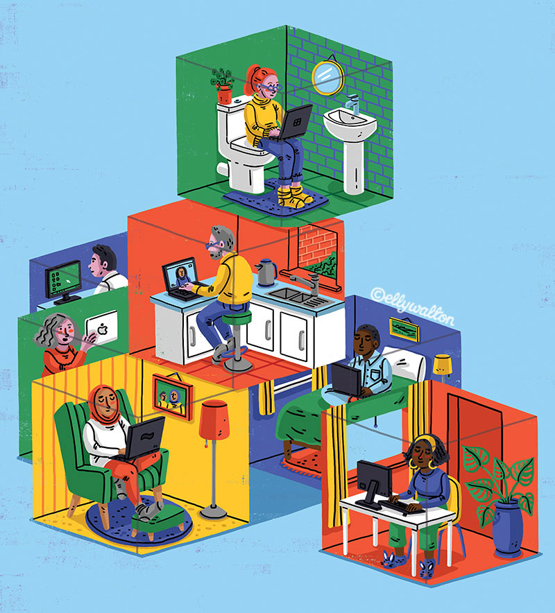 illustration showing lots of people in individual box rooms working from home
