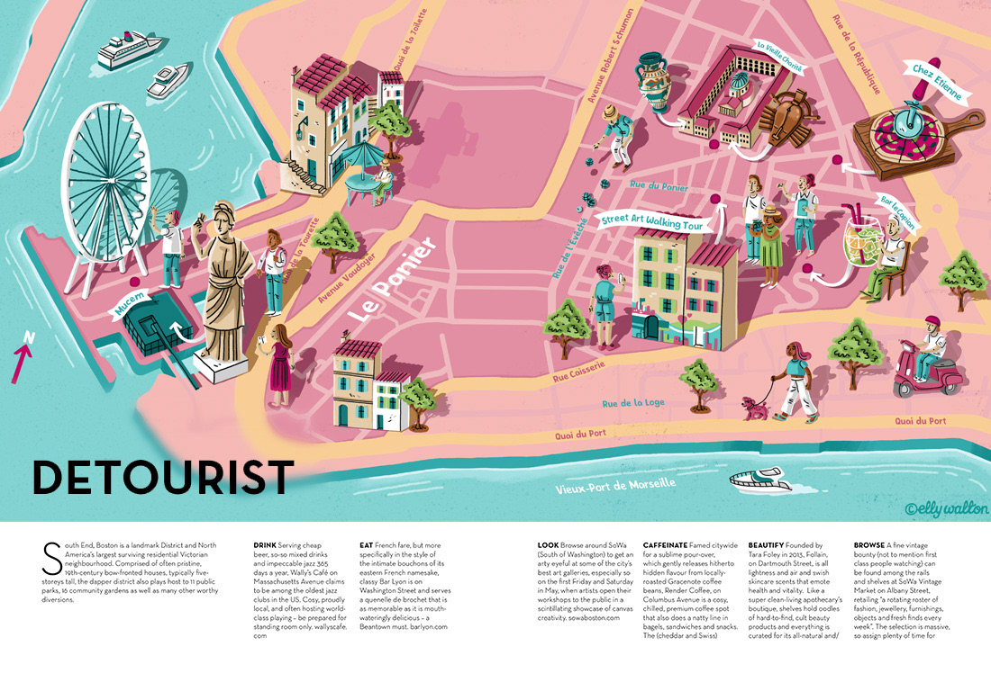 map illustration of le panier marseille france showing streets buildings people ferris wheel