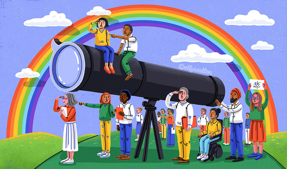 illustration of a diverse group of people, some sitting on a giant telescope, looking out across a colourful landscape with a rainbow behind them