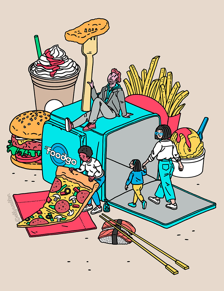 isometric illustration of giant takeaway delivery box surrounded by junk food and tiny people eating
