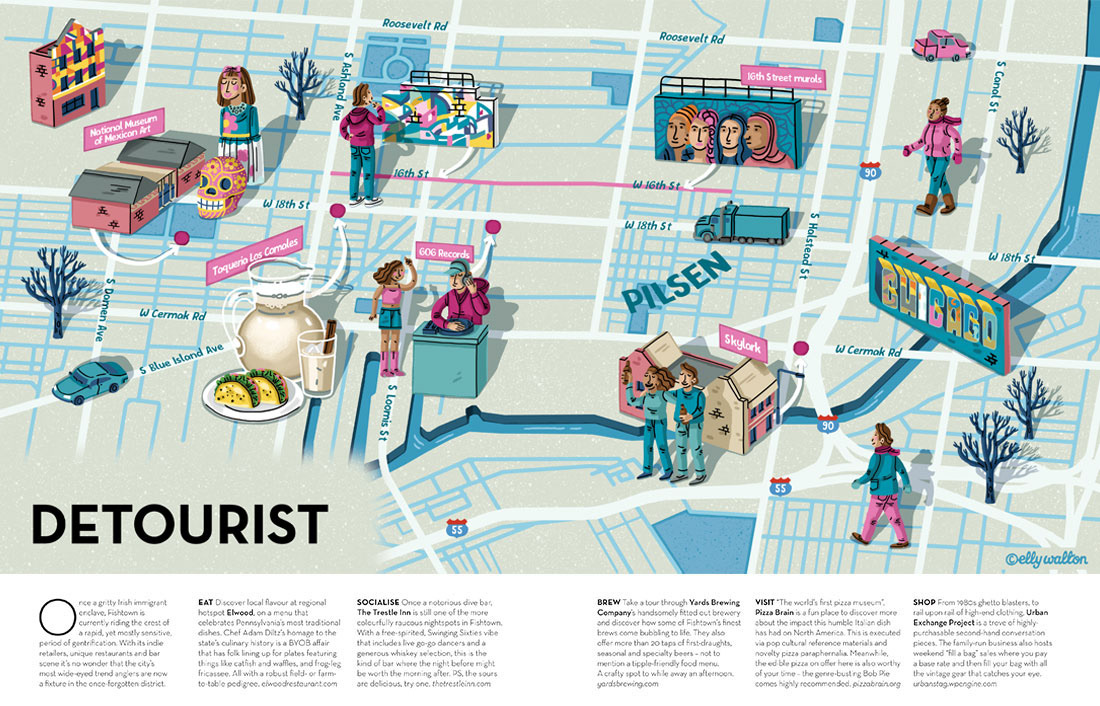 map illustration of pilsen chicago usa showing streets buildings people