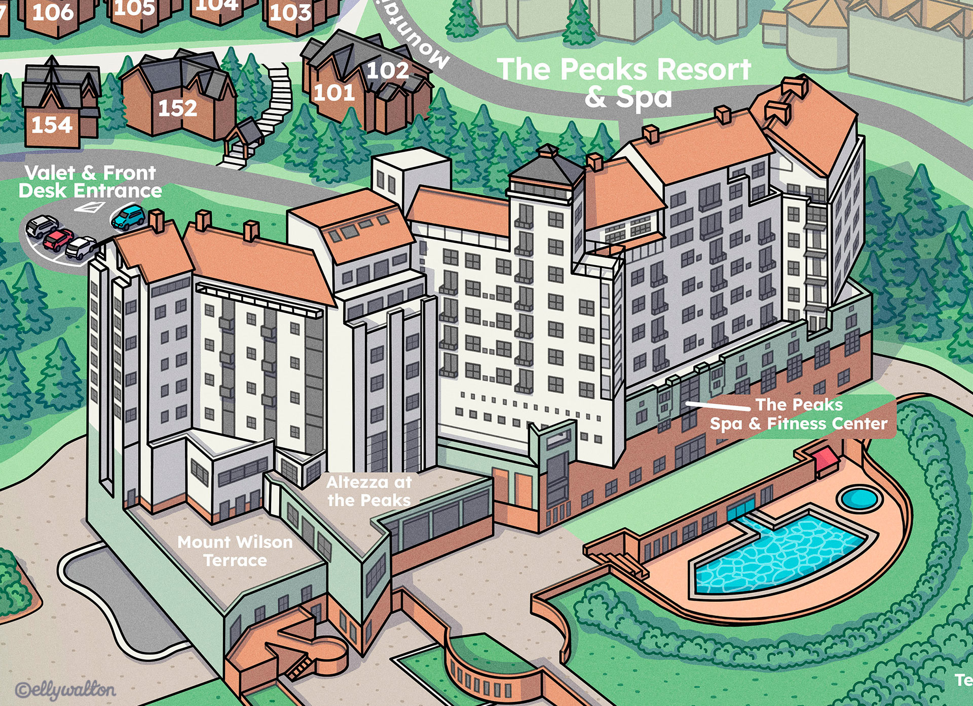 Detail of A map illustration showing 3D hotel buildings in a mountainous landscape with forests