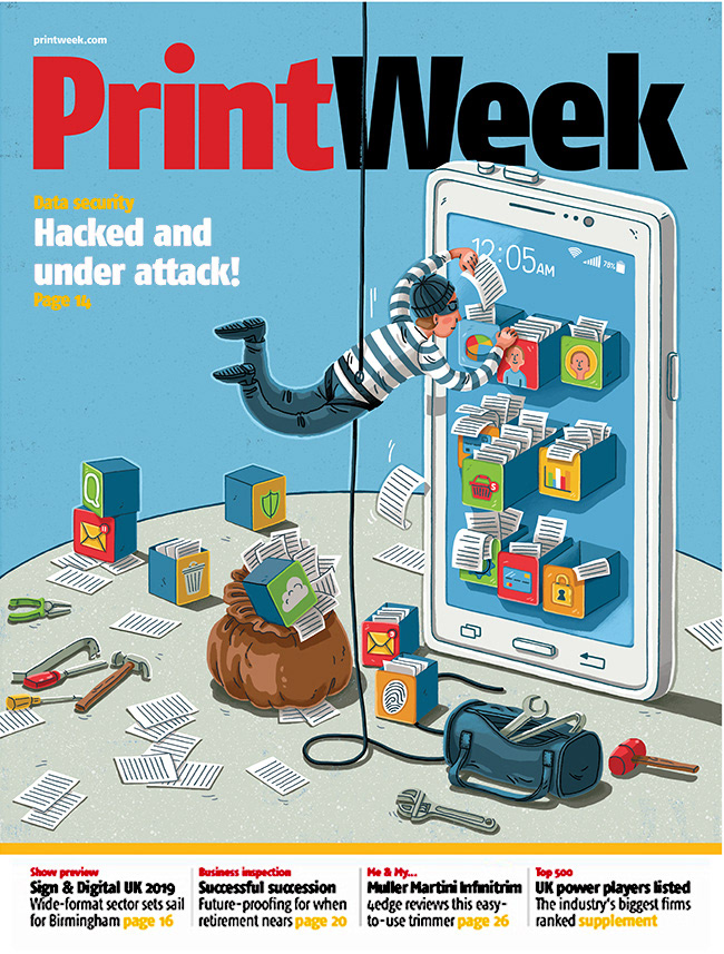 magazine cover illustration of a giant mobile phone with a man in burglar stripey top and mask stealing files from apps that are open like filing cabinet drawers