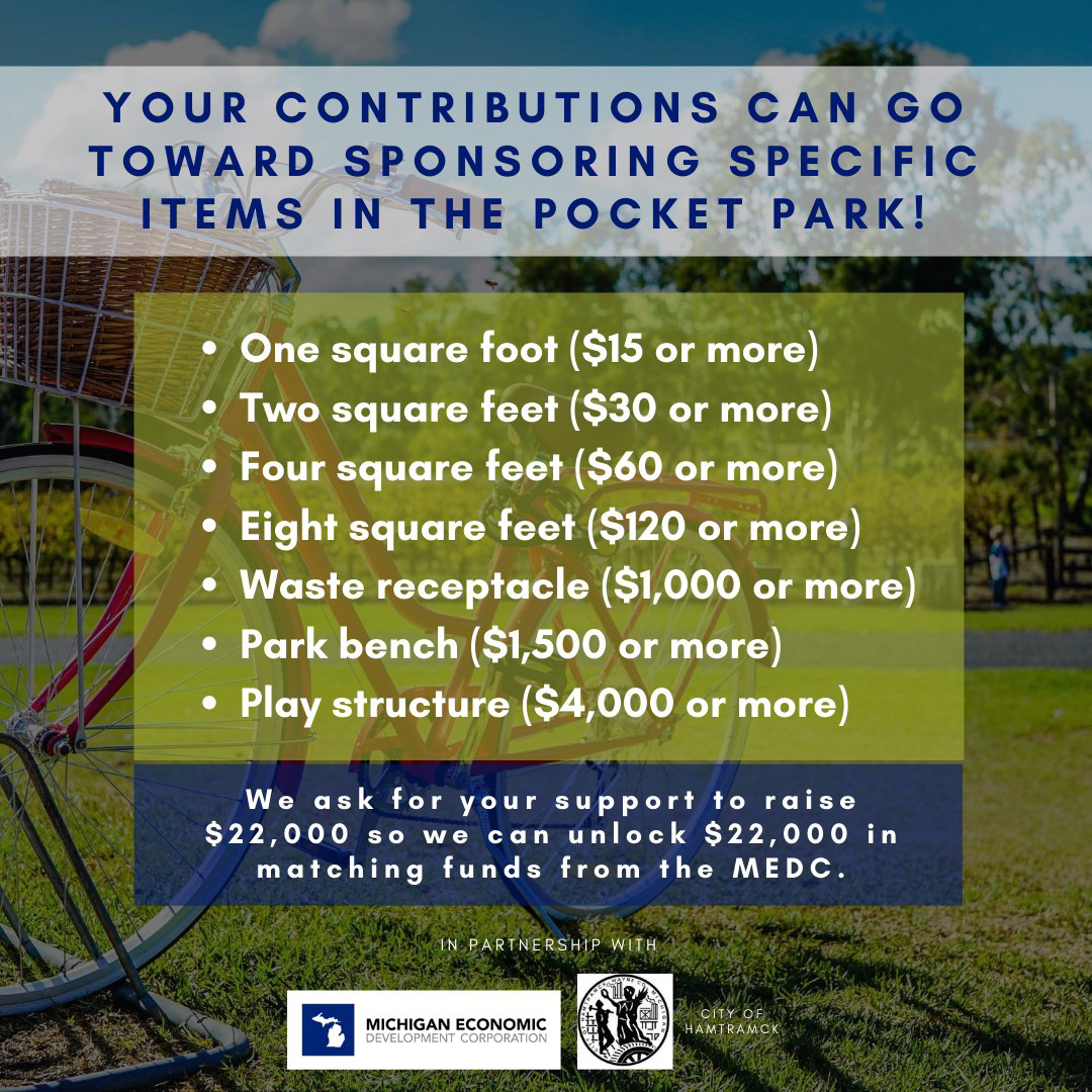 Did you know your contributions can go toward sponsoring specific items in Hamtramck’s Salam Peace Park? Your support and MEDC matching funds will enable Wayne Metro and Hamtramck to develop Salam Peace Park in a way that achieves its full potential! To learn more about Salam Peace Park, and to donate, click the link below! http://ow.ly/3dGZ50AYPaJ