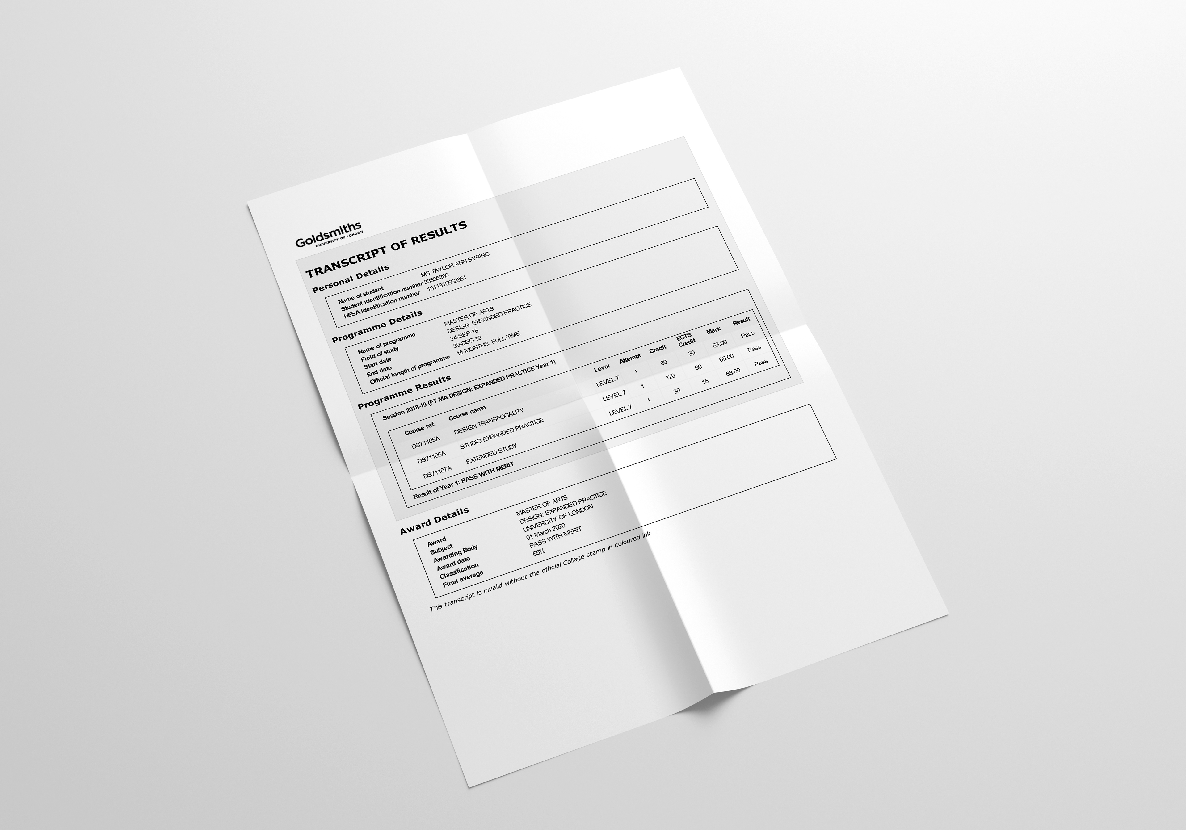 MA Transcript of Results: Pass with Merit