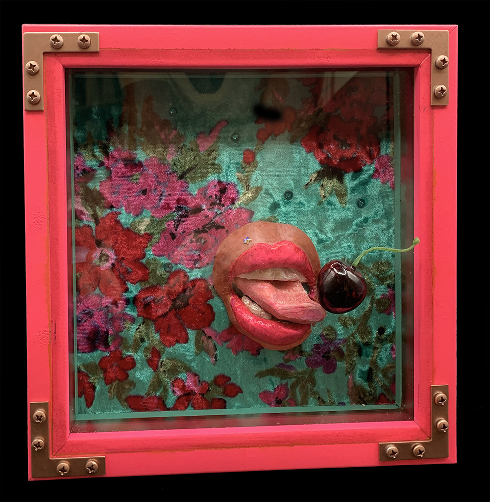 "Cherry" Shadow box with sculpture and cherry.
