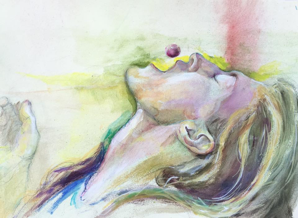 "Look Mom!" Acrylic, spray paint and marker on watercolor paper.