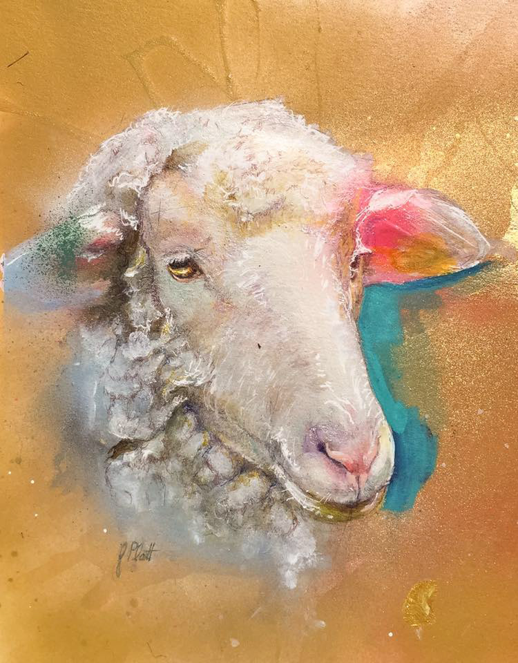 "Sheep"  Acrylic, spray paint and marker on watercolor paper.