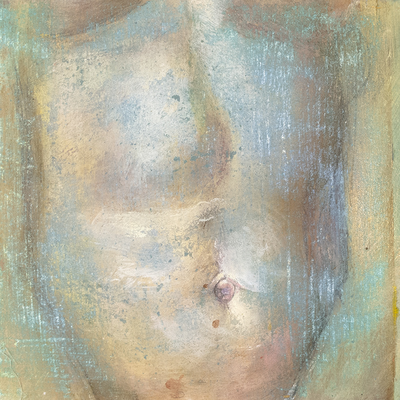 "Belly Button"  Spray paint, acrylic and marker on board.