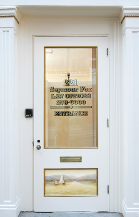 Front door to the law firm. Includes the central panel of the mural.