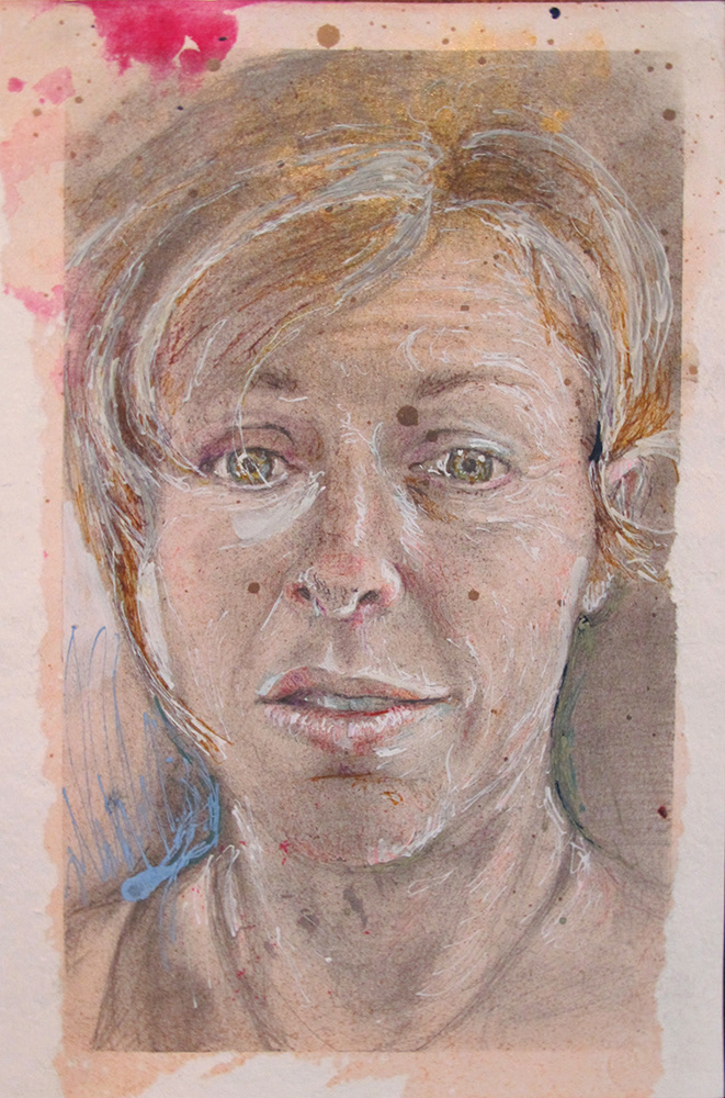 "Self Portrait After Dental Work"  Acrylic, spray paint, pencil, graphite powder and acrylic marker.